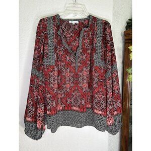 Rose+Olive Top Large Geometric Popover Shirt Lightweight Pintucking Drape Rust